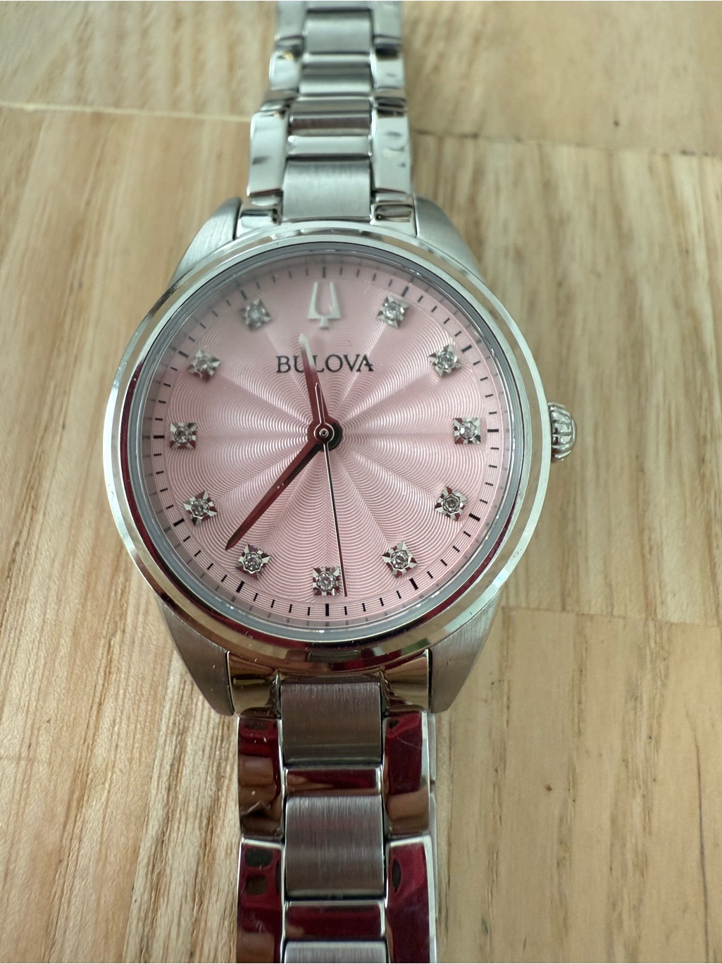 Bulova Ladies Pink Dial Silver Tone Diamond Watch New Battery